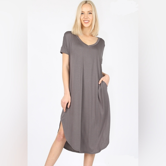 Zenana Outfitters Dresses & Skirts - Zenana Grey Relaxed Fit Midi Lounge Dress Pockets S–3X